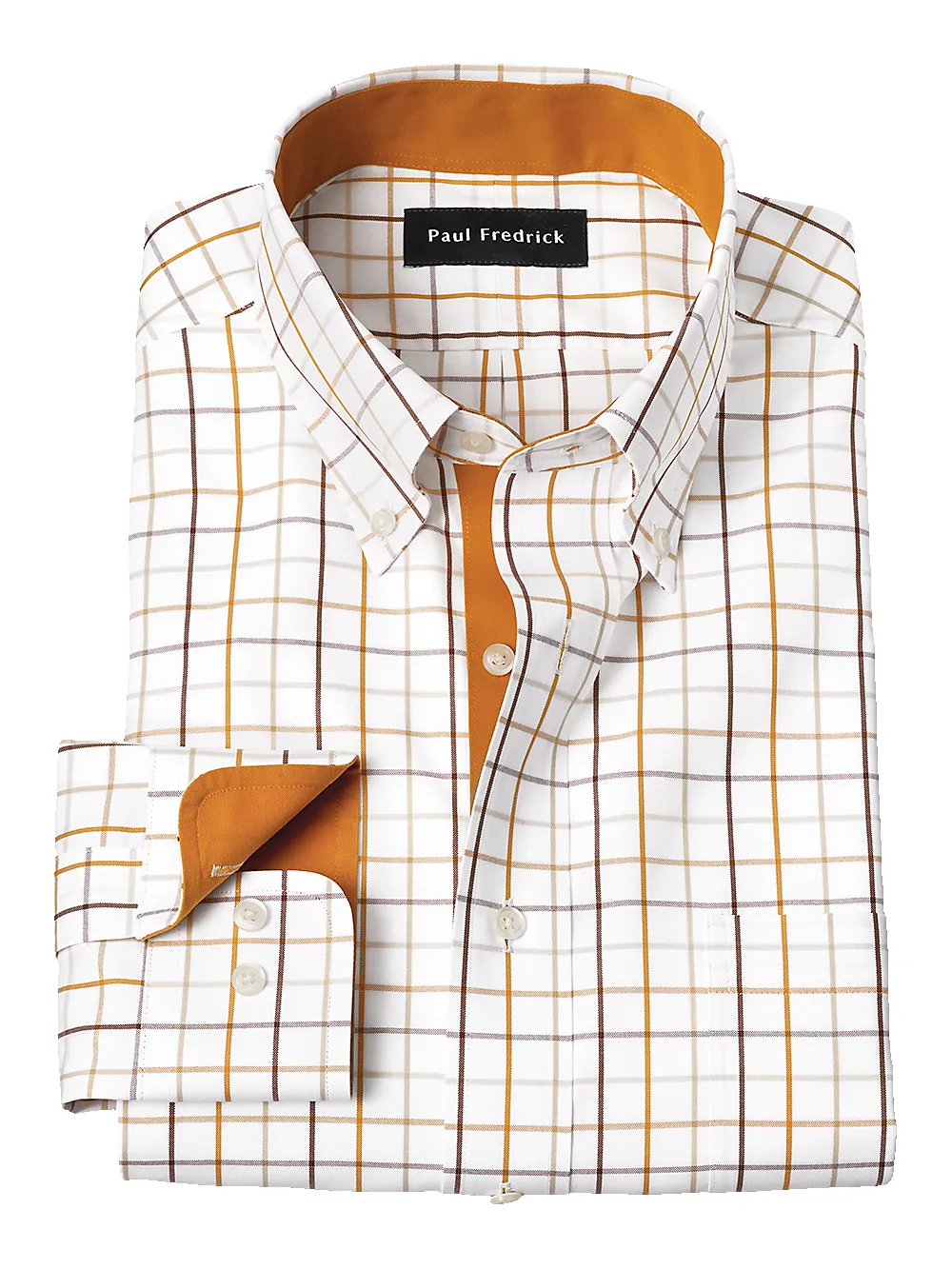 Non-Iron Cotton Check Dress Shirt With Contrast Trim - Melon/tan sold by Paul Fredrick