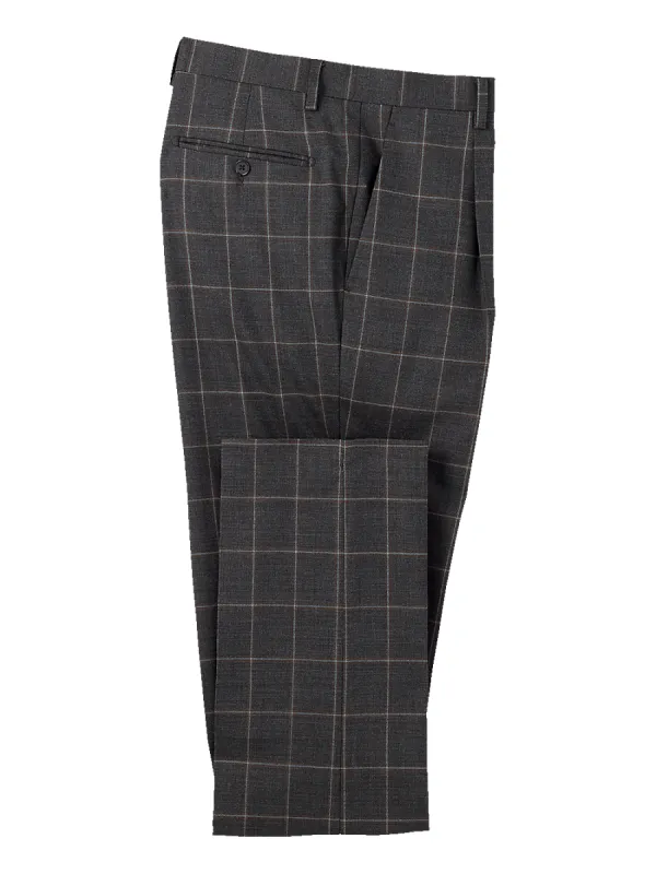 Wool Stretch Windowpane Single Pleat Suit Pants - Grey sold by Paul Fredrick