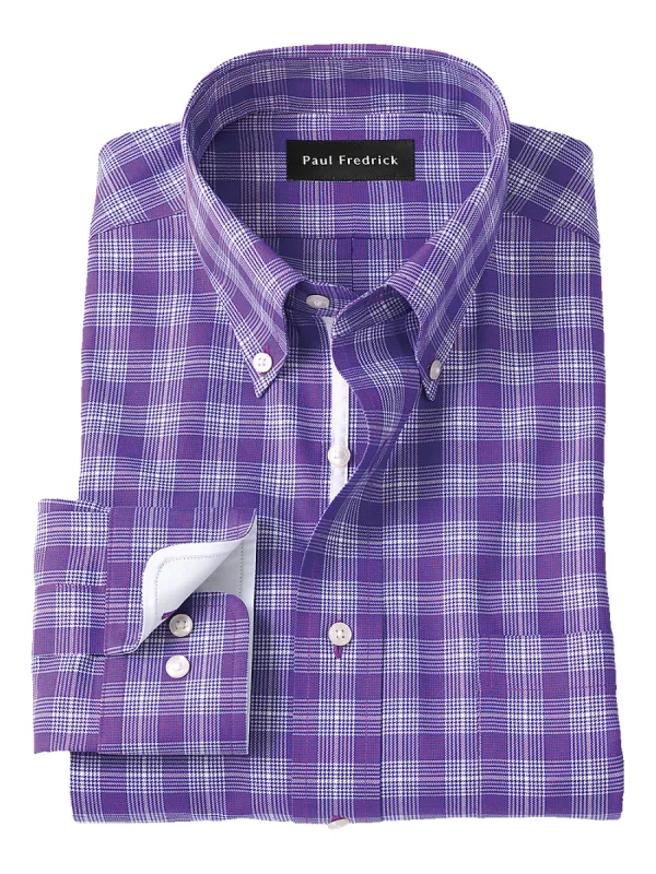 Non-Iron Cotton Glen Plaid Dress Shirt With Contrast Trim - Purple sold by Paul Fredrick