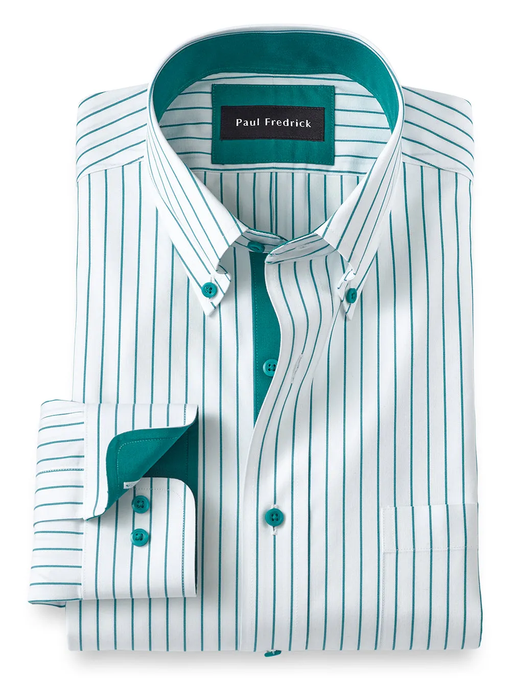 Non-Iron Cotton Stripe Dress Shirt With Contrast Trim - Pine Green sold by Paul Fredrick