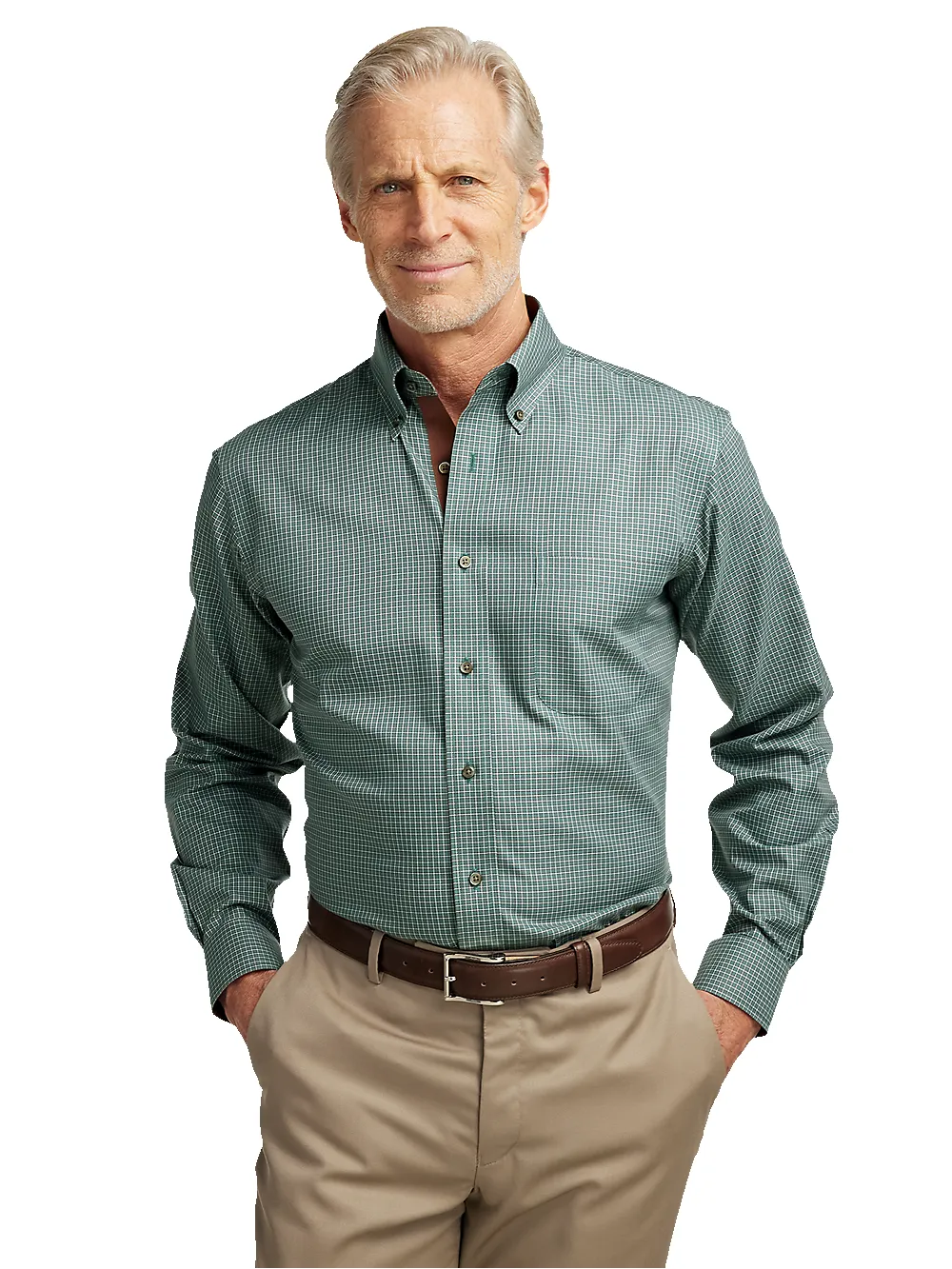 Non-Iron Cotton Check Dress Shirt With Contrast Trim - Pine Green sold by Paul Fredrick product image thumbnail 2