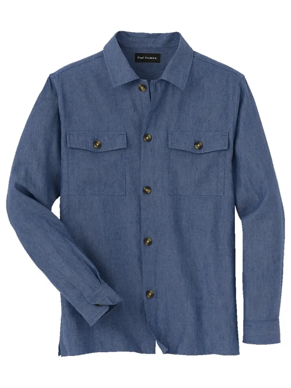 Linen Blend Solid Overshirt - Blue sold by Paul Fredrick