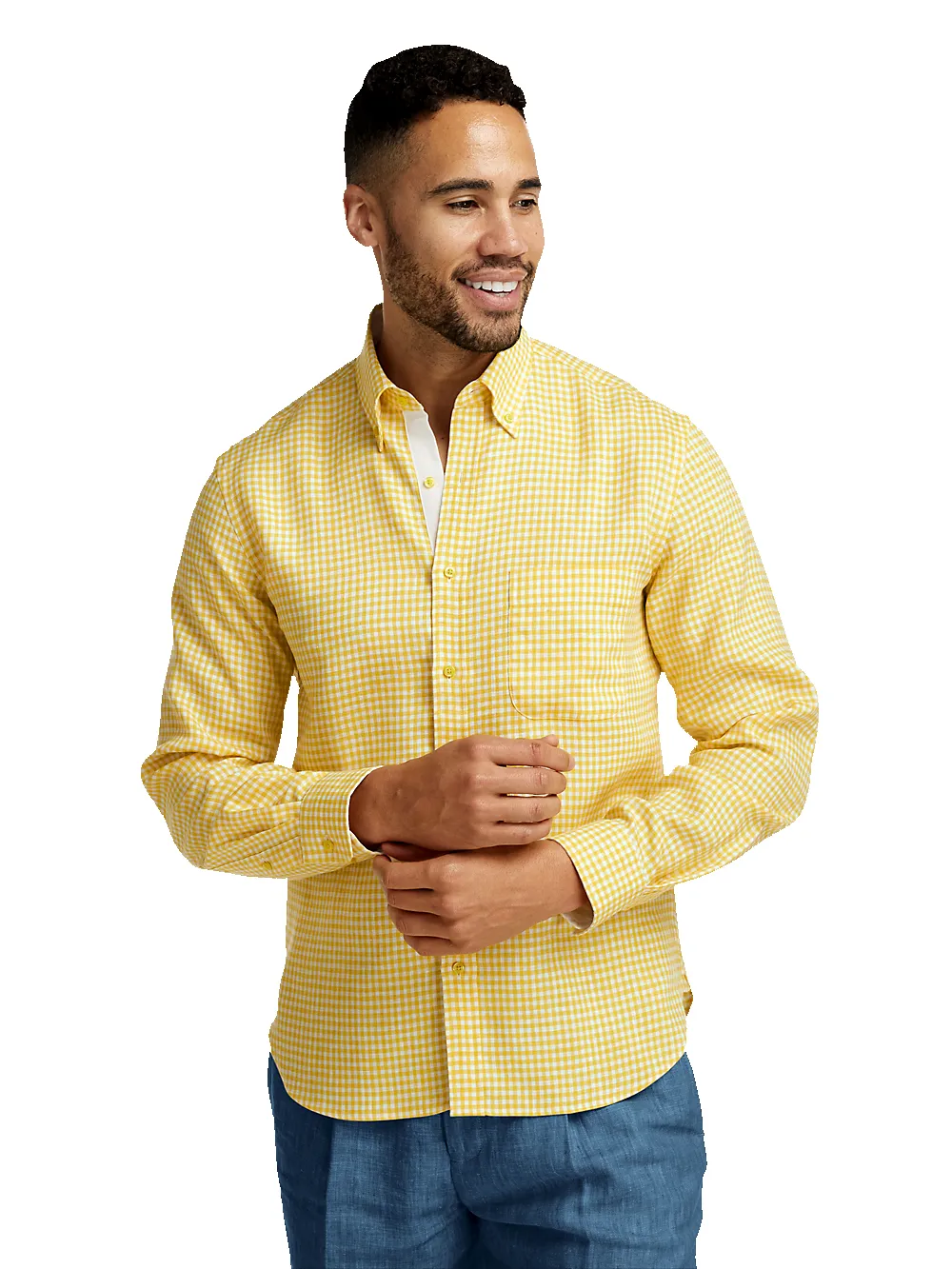 Linen Gingham Check Casual Shirt - Yellow sold by Paul Fredrick product image thumbnail 2