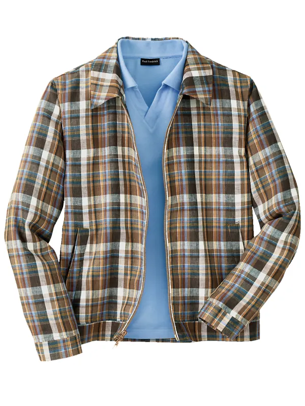 Linen Plaid Bomber Jacket - Tan Multi sold by Paul Fredrick
