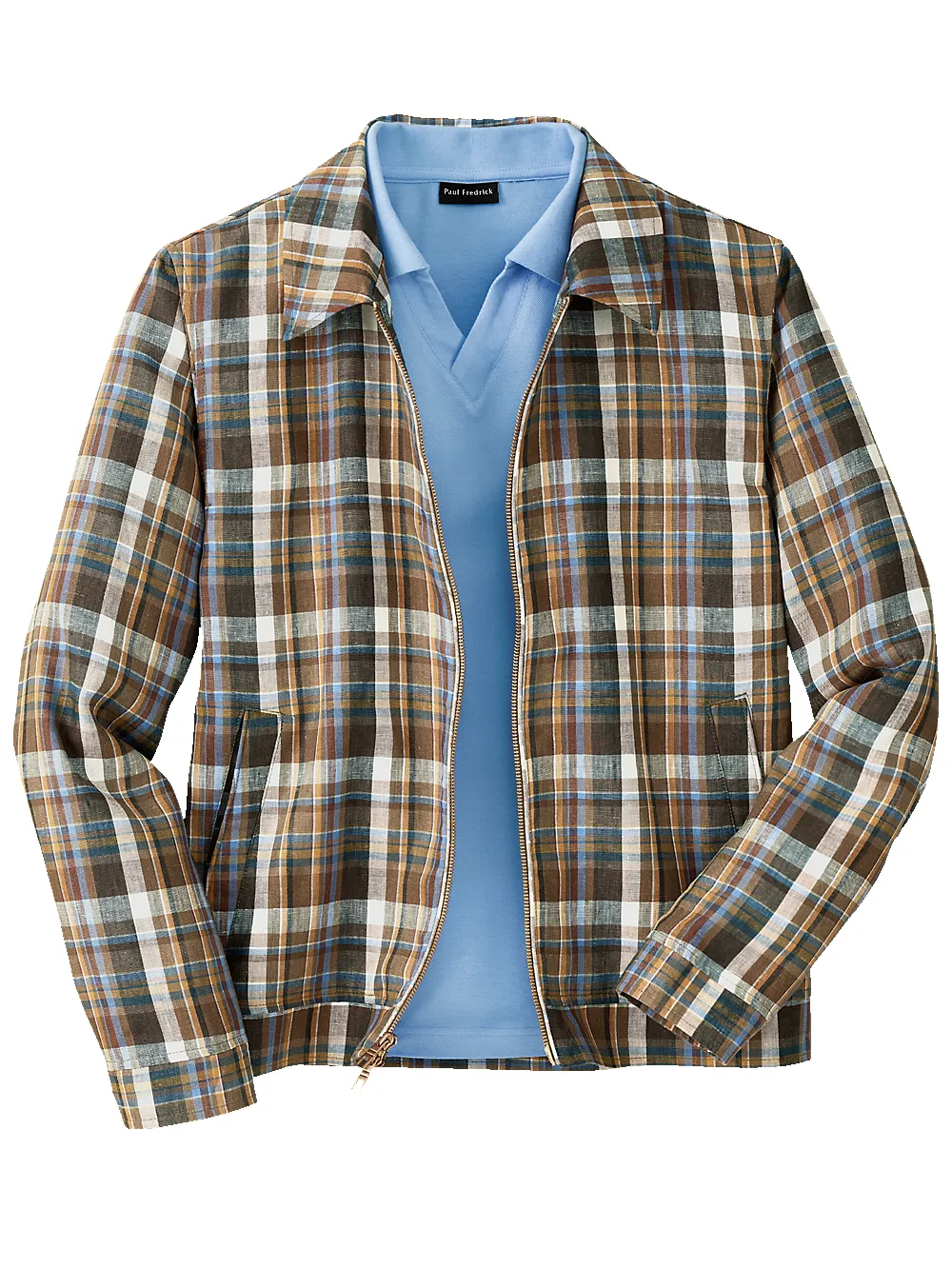 Linen Plaid Bomber Jacket - Tan Multi sold by Paul Fredrick