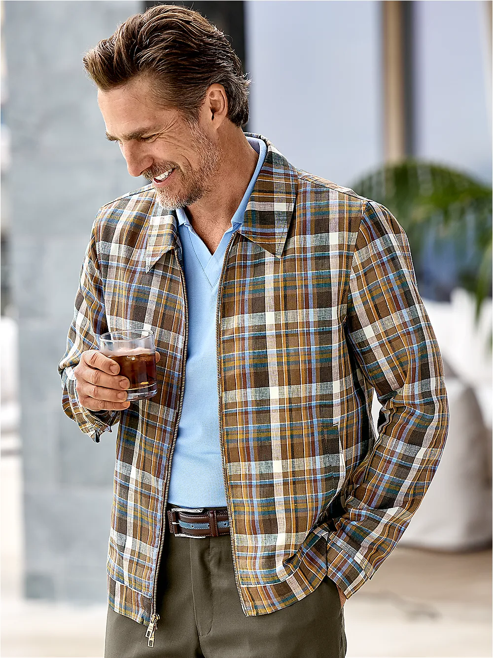 Linen Plaid Bomber Jacket - Tan Multi sold by Paul Fredrick product image thumbnail 2