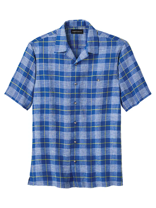 Linen Glen Plaid Casual Shirt - Cobalt/yellow sold by Paul Fredrick