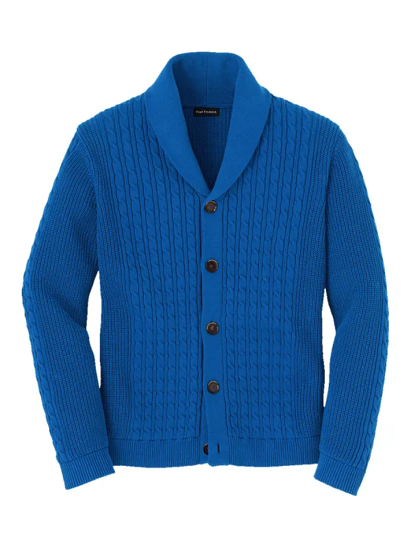 COTTON CABLE BUTTON FRONT CARDIGAN SWEATER - Cobalt sold by Paul Fredrick