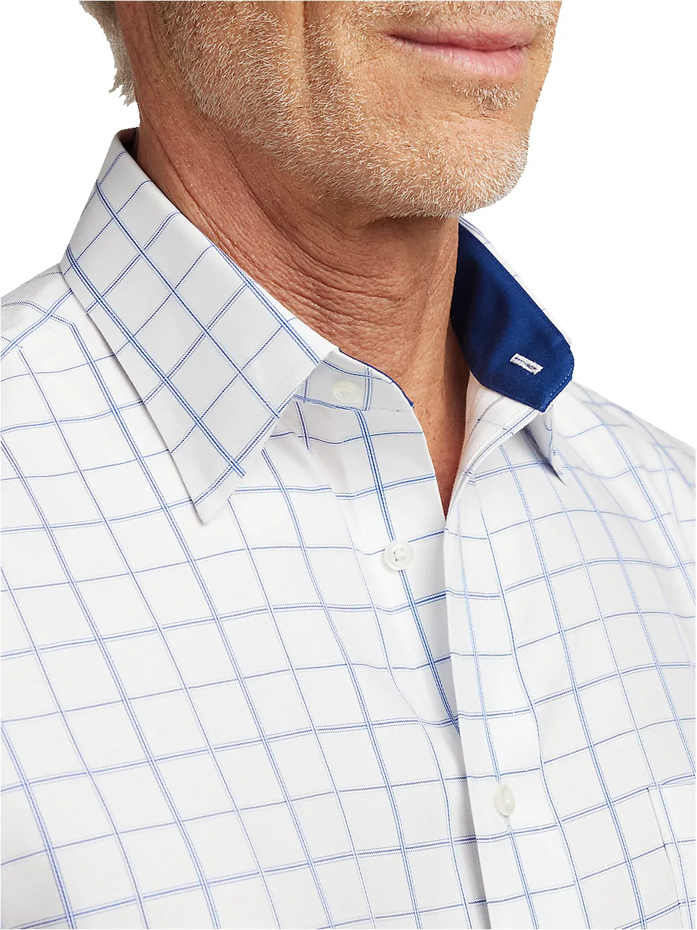 Non-Iron Cotton Windowpane Dress Shirt With Contrast Trim - White/blue sold by Paul Fredrick product image thumbnail 3