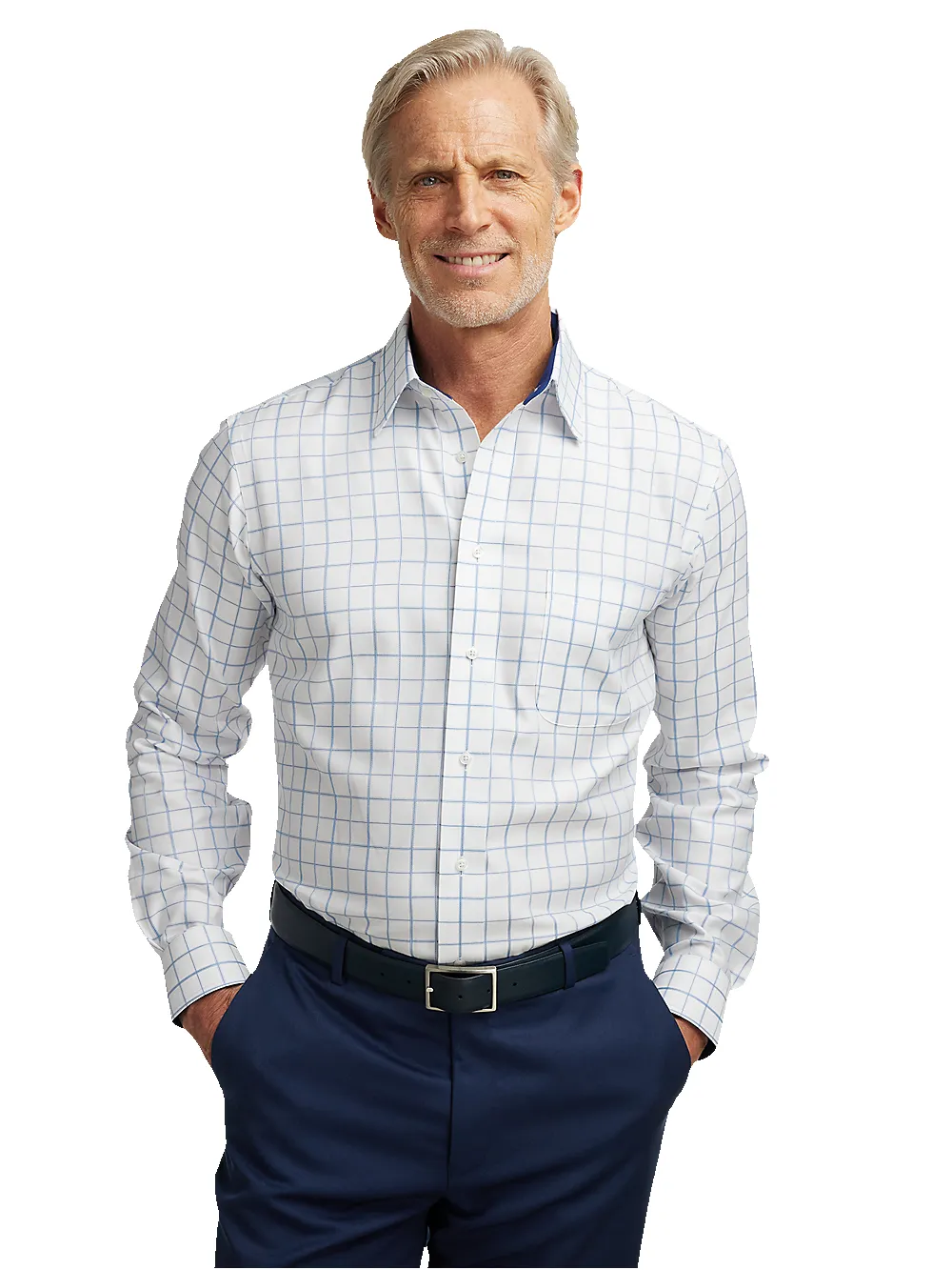 Non-Iron Cotton Windowpane Dress Shirt With Contrast Trim - White/blue sold by Paul Fredrick product image thumbnail 2