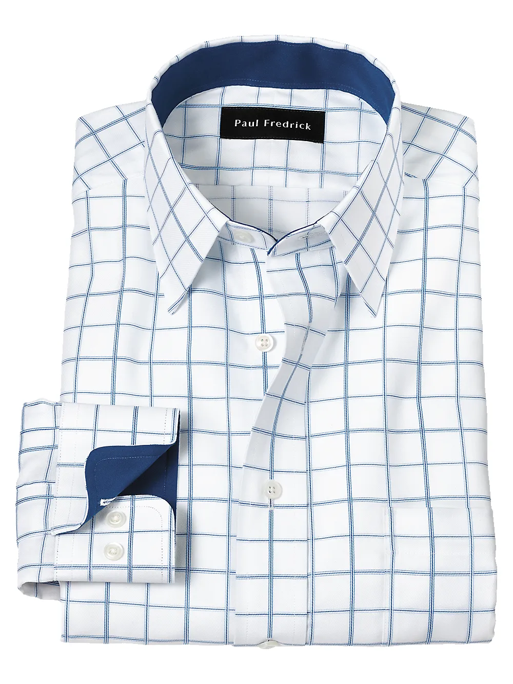 Non-Iron Cotton Windowpane Dress Shirt With Contrast Trim - White/blue sold by Paul Fredrick
