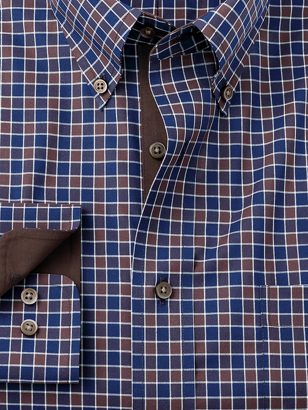 Non-Iron Cotton Check Dress Shirt With Contrast Trim - Navy/brown sold by Paul Fredrick product image thumbnail 2