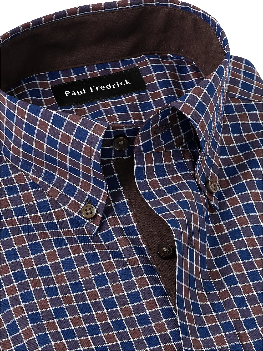 Non-Iron Cotton Check Dress Shirt With Contrast Trim - Navy/brown sold by Paul Fredrick product image thumbnail 3