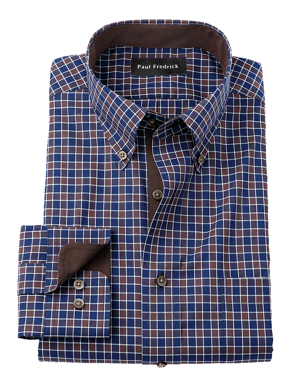 Non-Iron Cotton Check Dress Shirt With Contrast Trim - Navy/brown sold by Paul Fredrick