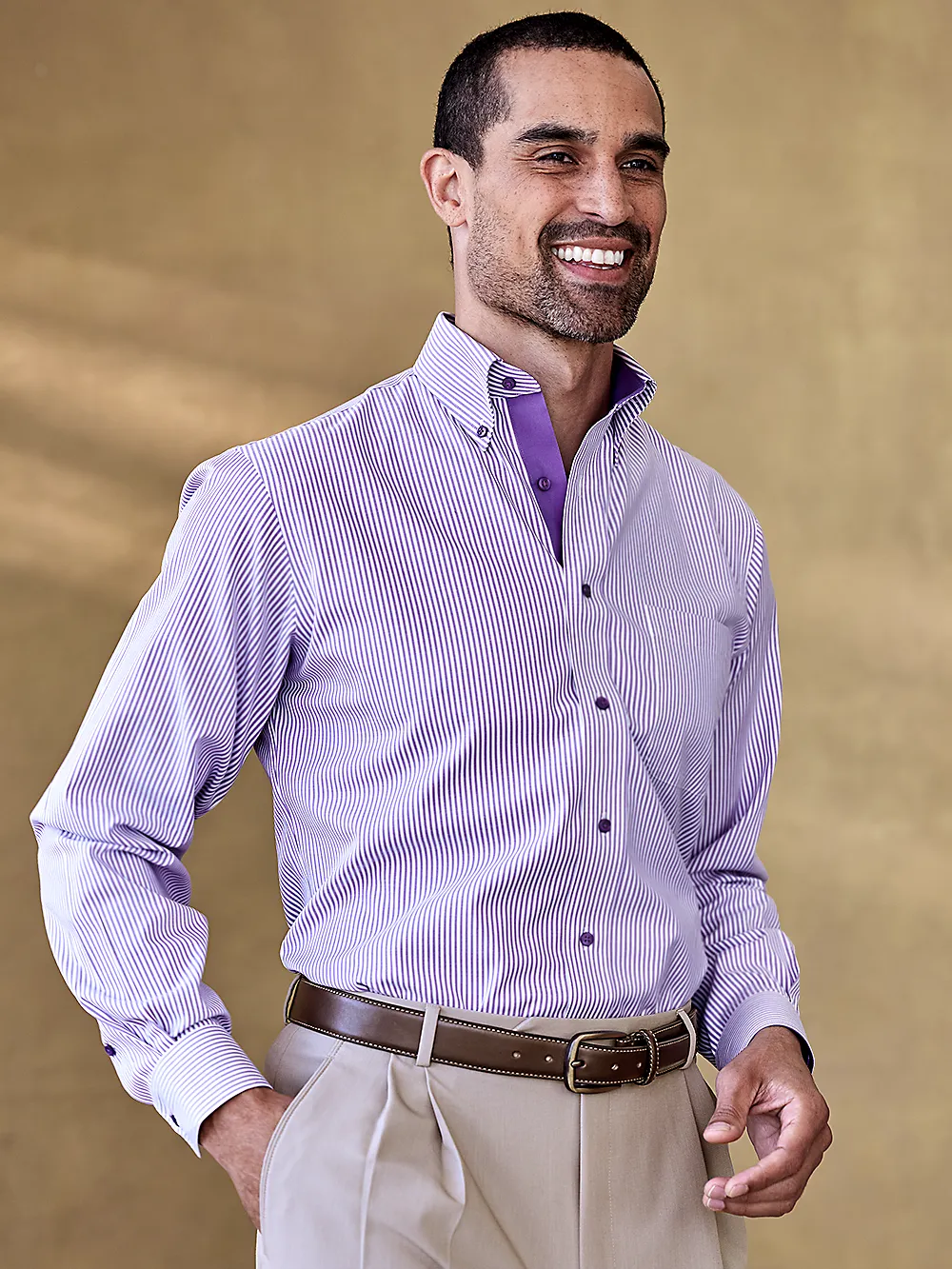 Comfort Stretch Non-Iron Stripe Dress Shirt With Contrast Trim - Purple sold by Paul Fredrick product image thumbnail 2