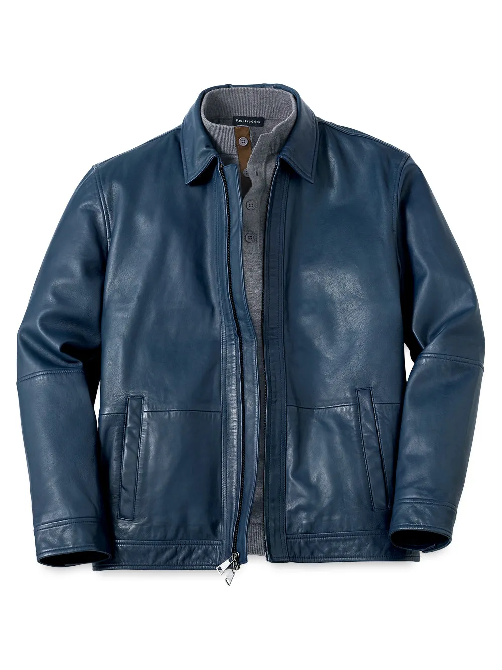 Leather Bomber Jacket - Navy sold by Paul Fredrick