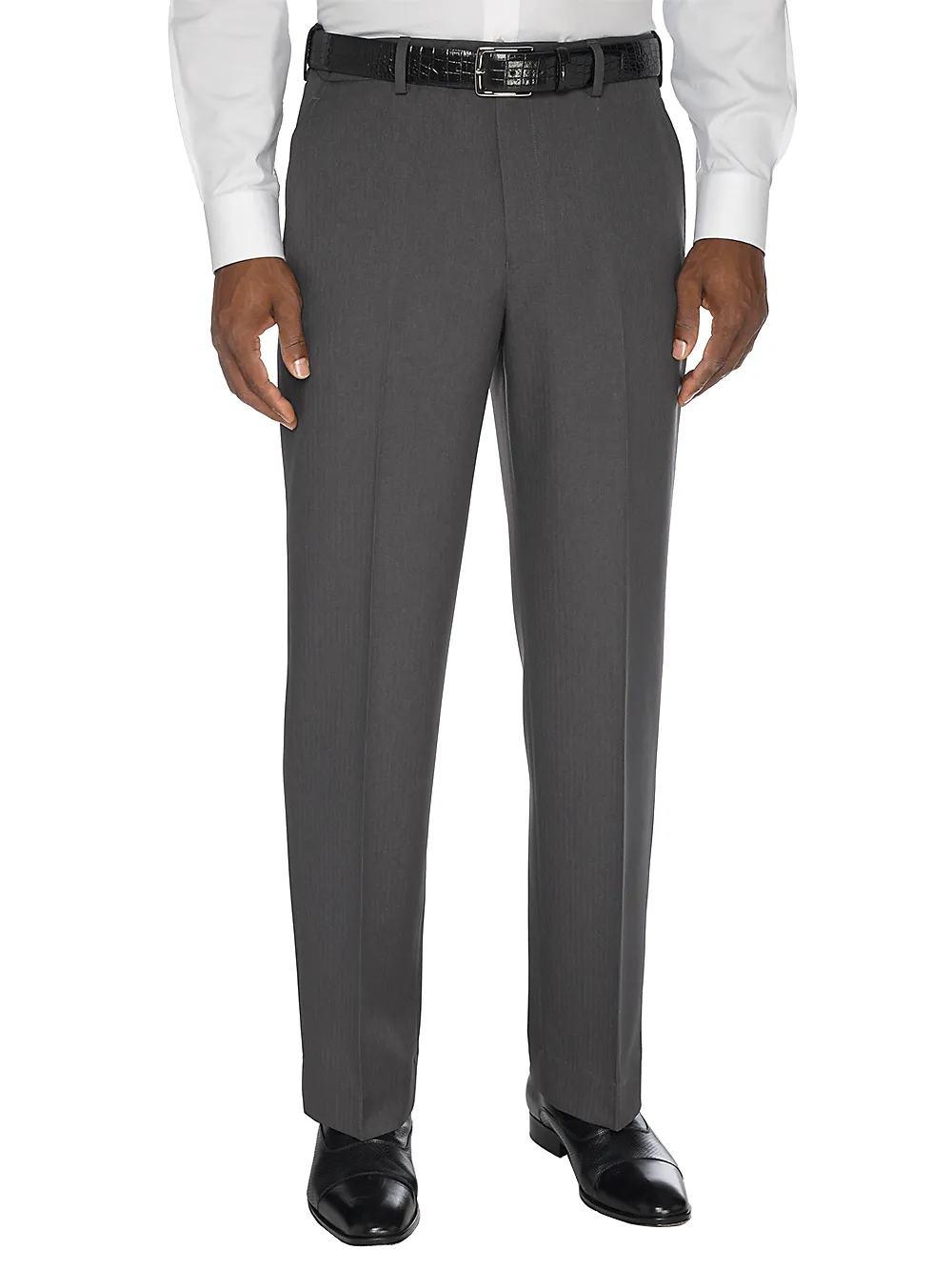 Comfort-Waist Microfiber Herringbone Flat Front Pant - Grey sold by Paul Fredrick