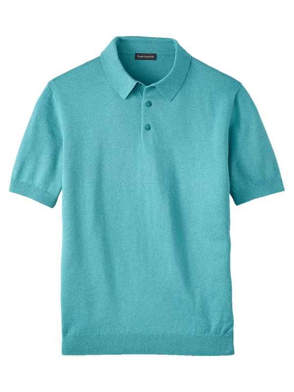 Silk Cotton and Cashmere Three Button Polo - Turquoise sold by Paul Fredrick