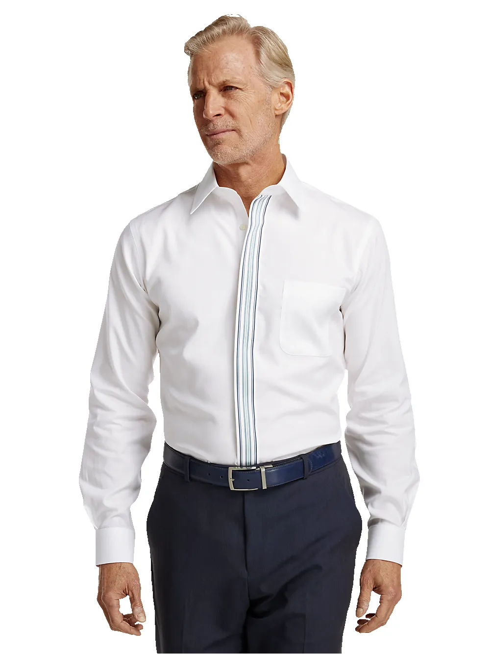 Non-Iron Cotton Solid Dress Shirt With Contrast Trim - White/blue sold by Paul Fredrick product image thumbnail 2