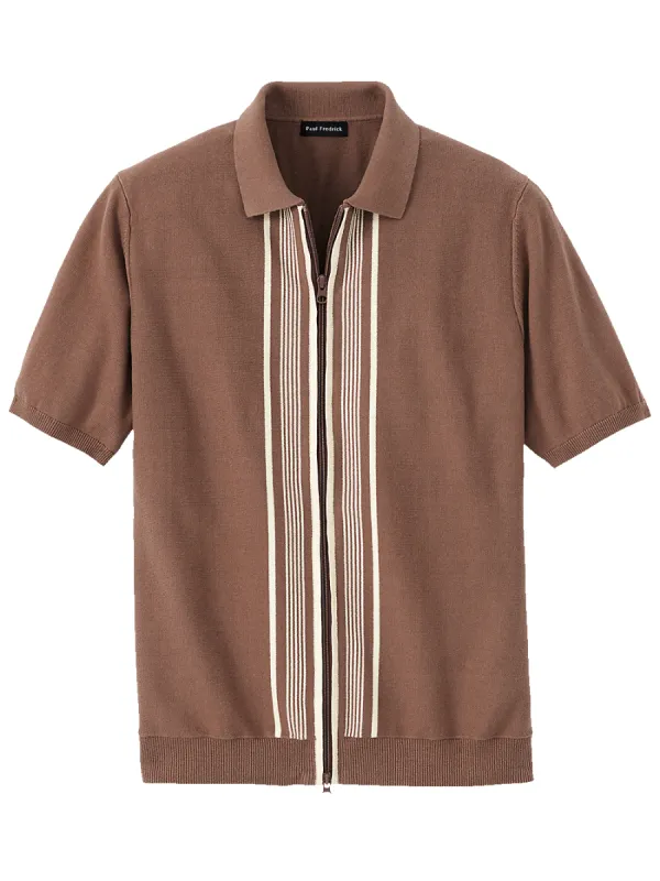 Cotton Full Zip Polo - Brown sold by Paul Fredrick