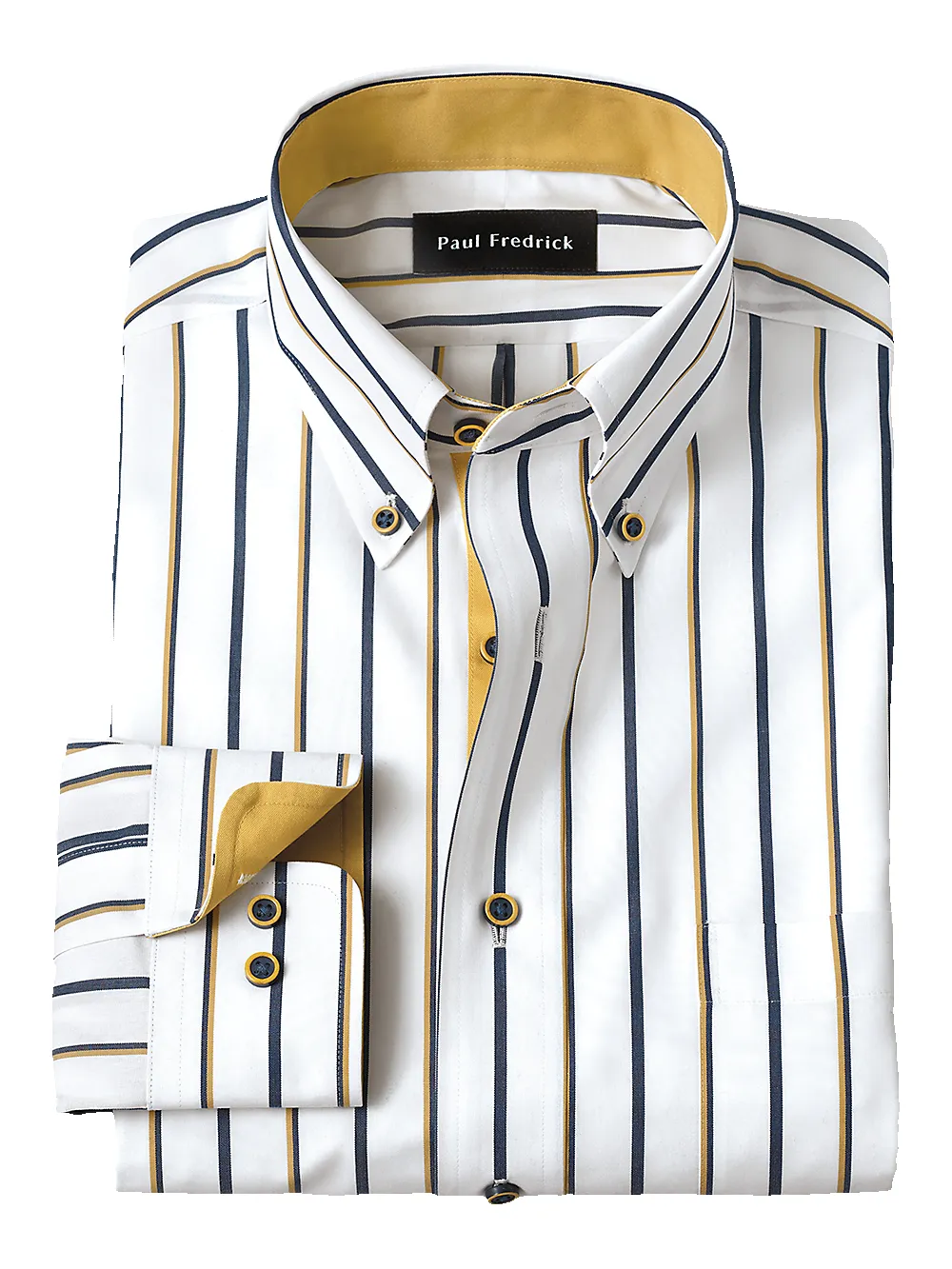 Non-Iron Cotton Stripe Dress Shirt With Contrast Trim - Navy/gold sold by Paul Fredrick