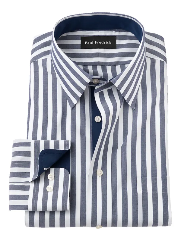 Non-Iron Cotton Stripe Dress Shirt With Contrast Trim - Navy sold by Paul Fredrick