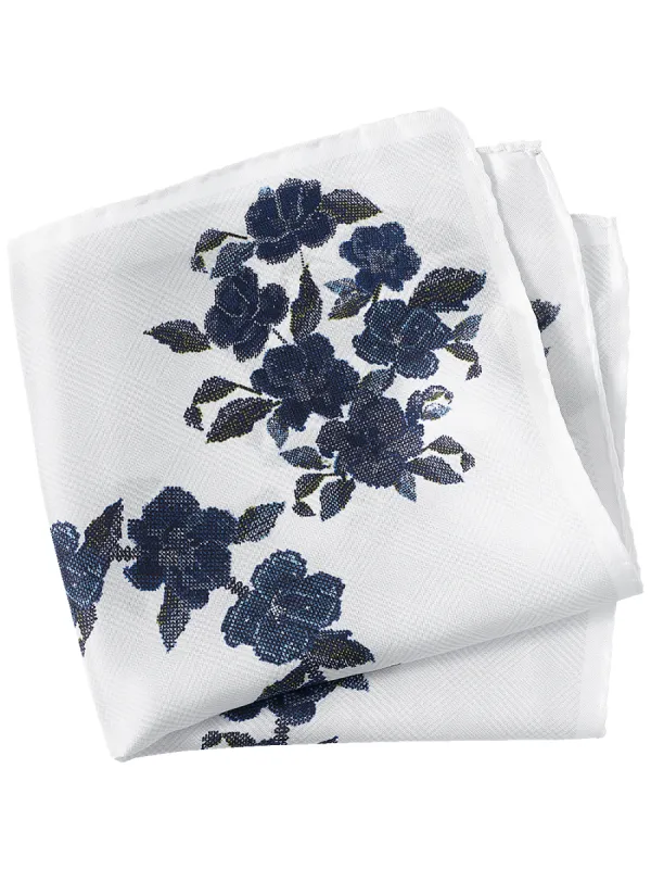 Floral Silk Pocket Square - White/blue sold by Paul Fredrick