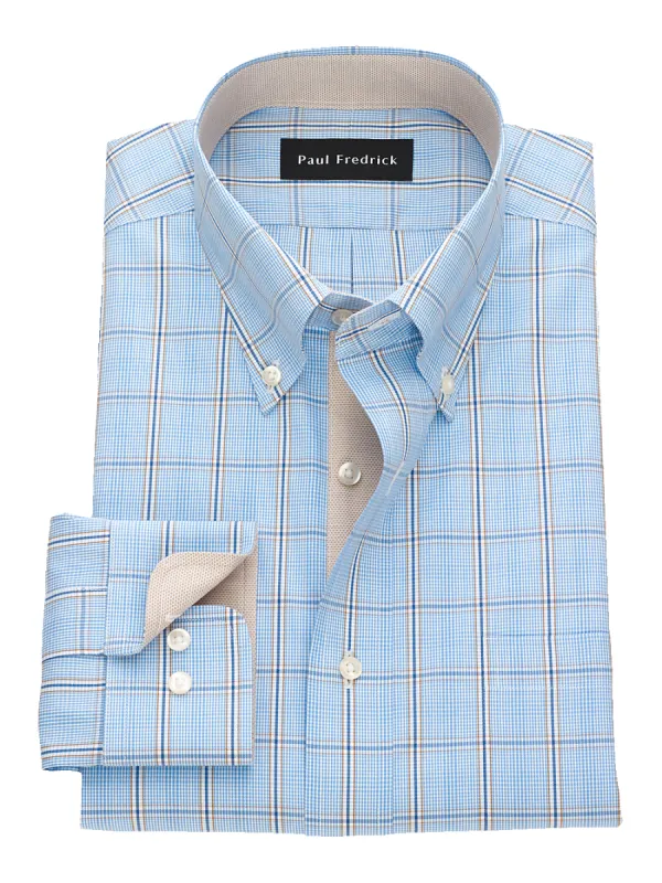 Non-Iron Cotton Pinpoint Glen Plaid Dress Shirt With Contrast Trim - Blue/tan sold by Paul Fredrick