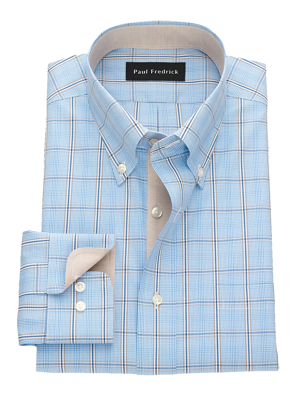 Non-Iron Cotton Pinpoint Glen Plaid Dress Shirt With Contrast Trim - Blue/tan sold by Paul Fredrick