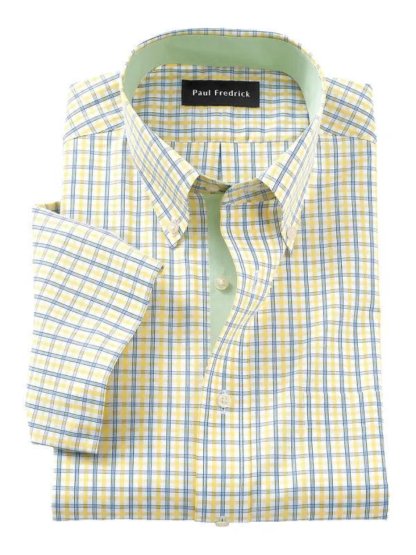 Non-Iron Cotton Check Dress Shirt With Contrast Trim - Yellow/cobalt sold by Paul Fredrick