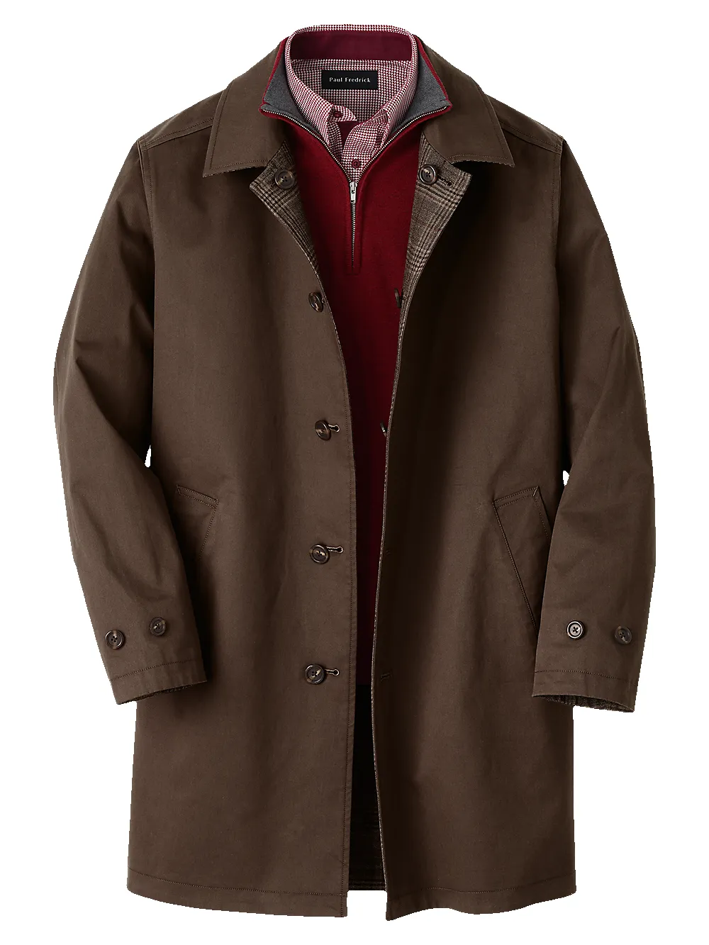 Wool / Cotton Stretch Reversible Plaid Trench Coat - Dark Brown/brown Plaid sold by Paul Fredrick
