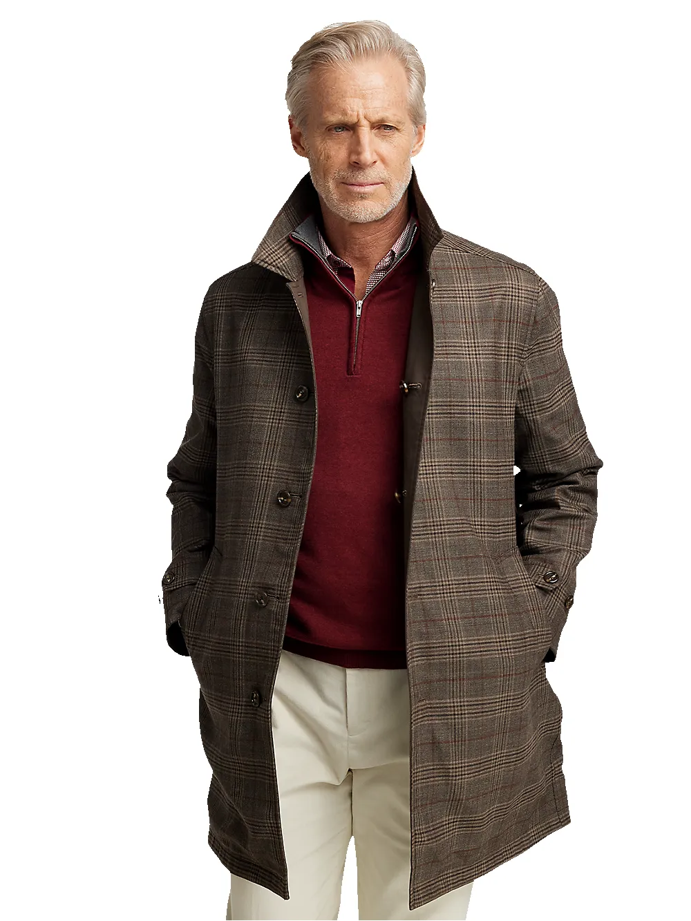 Wool / Cotton Stretch Reversible Plaid Trench Coat - Dark Brown/brown Plaid sold by Paul Fredrick product image thumbnail 2