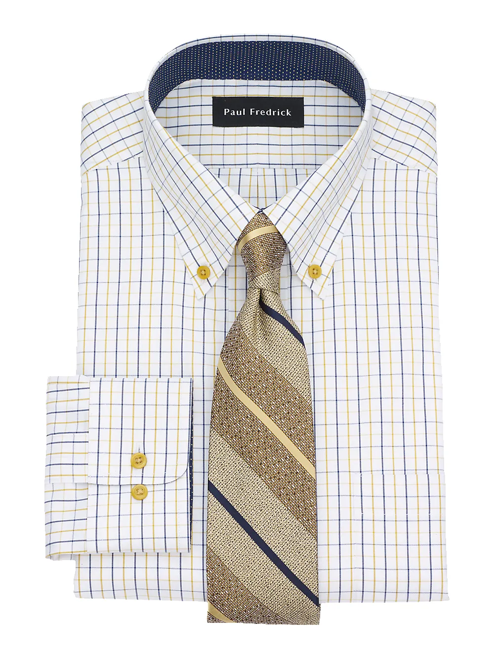 Non-Iron Cotton Check Dress Shirt With Contrast Trim - Navy/gold sold by Paul Fredrick product image thumbnail 2