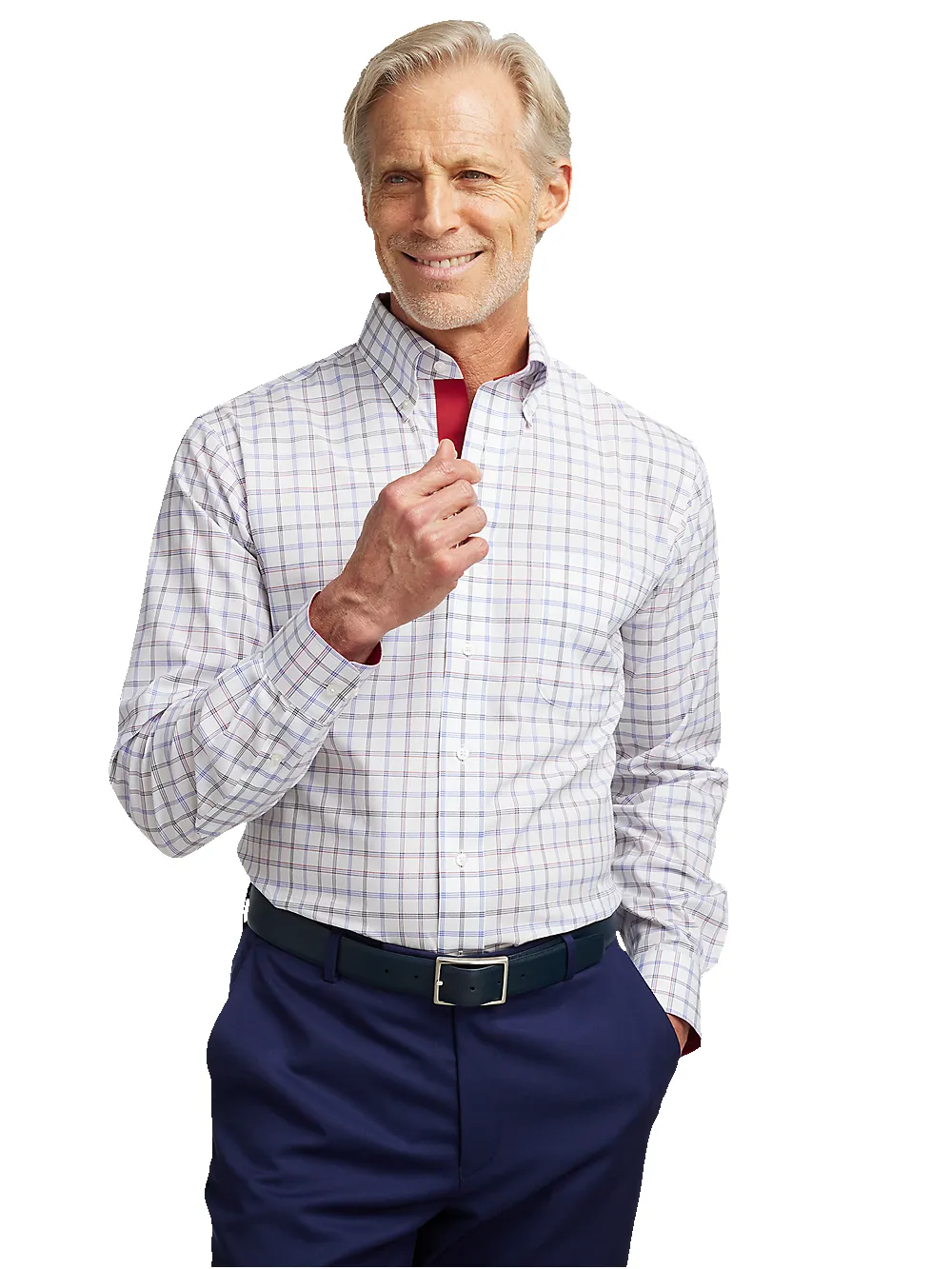 Non-Iron Cotton Check Dress Shirt With Contrast Trim - Blue/red sold by Paul Fredrick product image thumbnail 2
