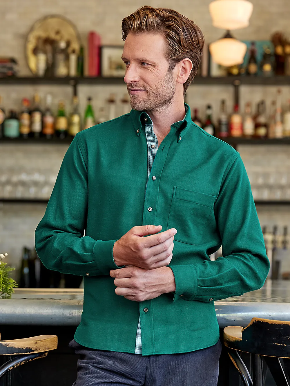 Brushed Twill Solid Casual Shirt With Contrast Trim - Green sold by Paul Fredrick product image thumbnail 2