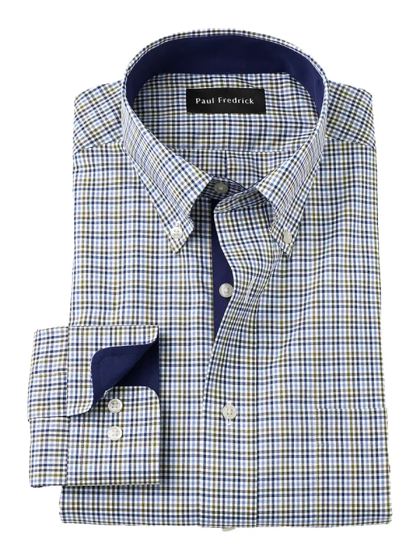 Non-Iron Cotton Tattersall Dress Shirt With Contrast Trim - Navy/green sold by Paul Fredrick