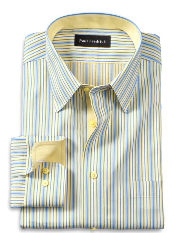 Non-Iron Cotton Stripe Dress Shirt With Contrast Trim - Blue/yellow sold by Paul Fredrick