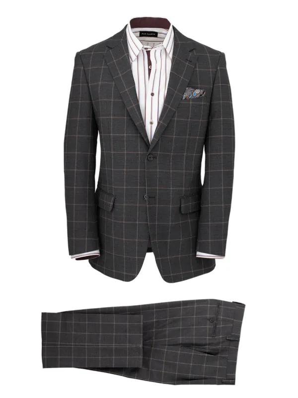Wool Stretch Windowpane Single Breasted Notch Lapel Suit - Grey sold by Paul Fredrick