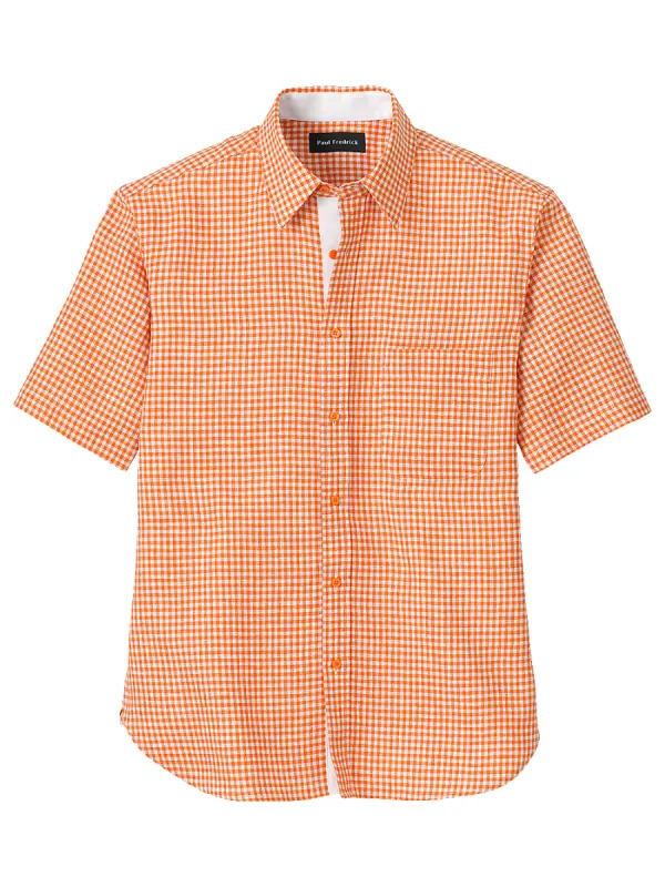 Linen Gingham Check Casual Shirt - Orange sold by Paul Fredrick