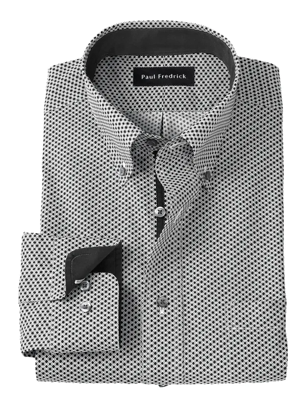 Non-Iron Cotton Geometric Print Dress Shirt With Contrast Trim - Black/white sold by Paul Fredrick