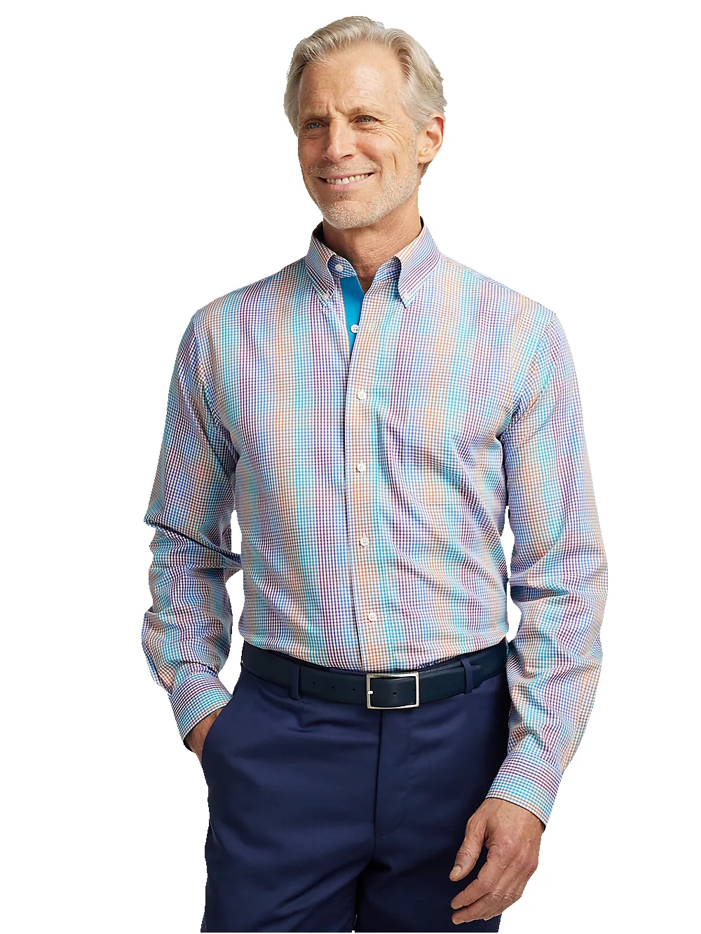 Non-Iron Cotton Tattersall Dress Shirt With Contrast Trim - Multi sold by Paul Fredrick product image thumbnail 2