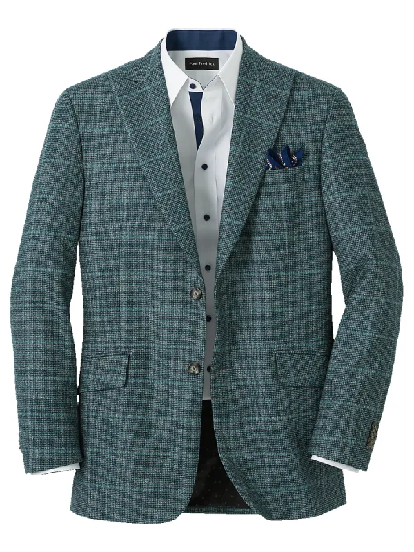 Italian Wool Plaid Single Breasted Peak Lapel Sport Coat - Teal sold by Paul Fredrick