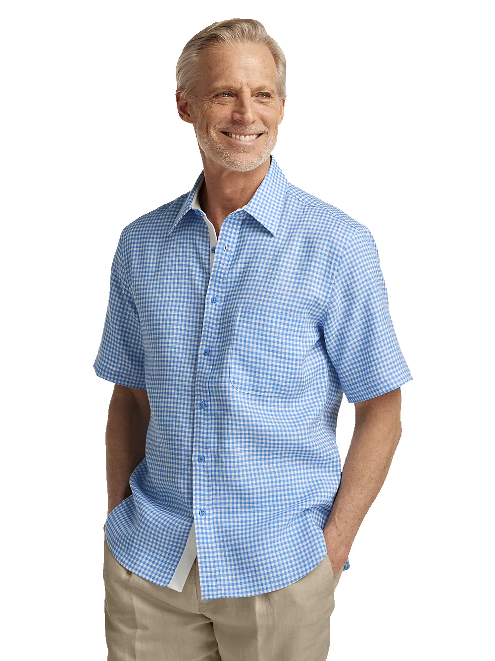Linen Gingham Check Casual Shirt - Blue sold by Paul Fredrick product image thumbnail 2
