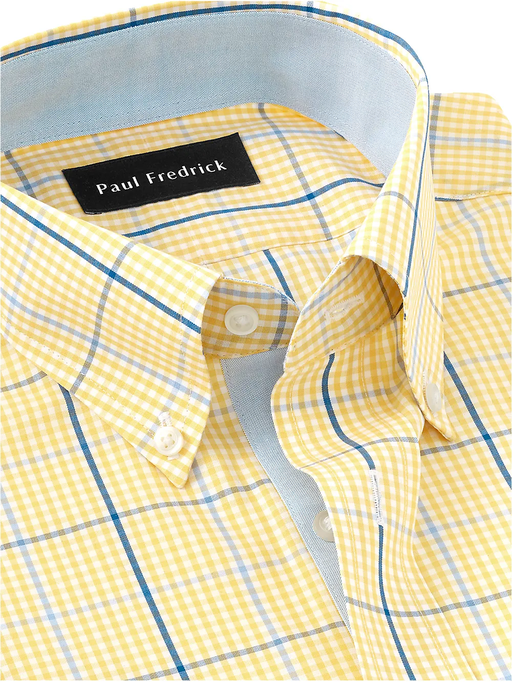 Non-Iron Cotton Windowpane Dress Shirt With Contrast Trim - Yellow/cobalt sold by Paul Fredrick product image thumbnail 3