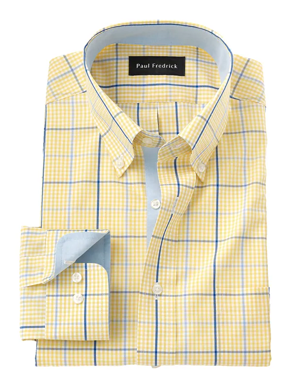 Non-Iron Cotton Windowpane Dress Shirt With Contrast Trim - Yellow/cobalt sold by Paul Fredrick