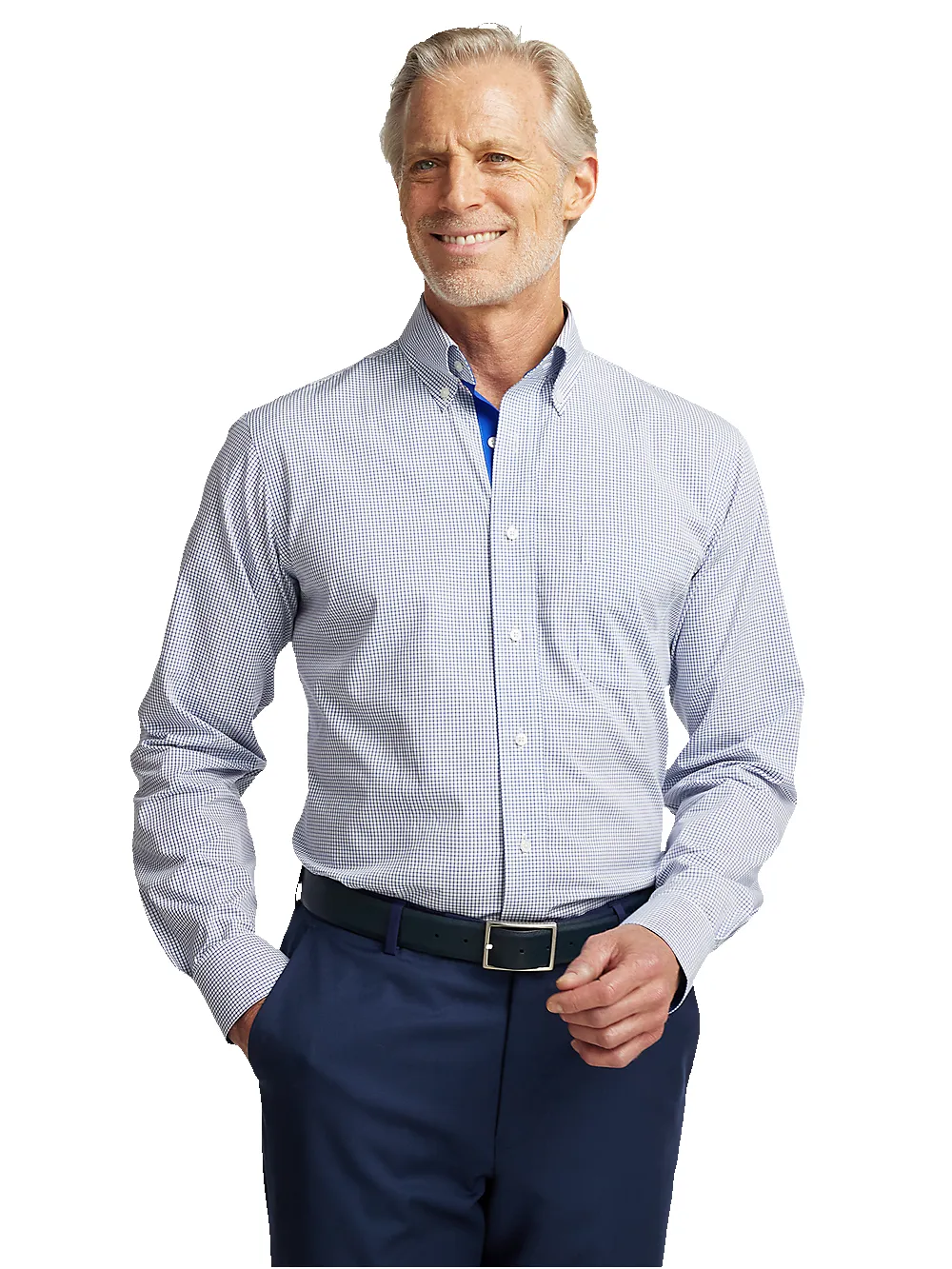 Non-Iron Cotton Check Dress Shirt With Contrast Trim - Navy sold by Paul Fredrick product image thumbnail 2
