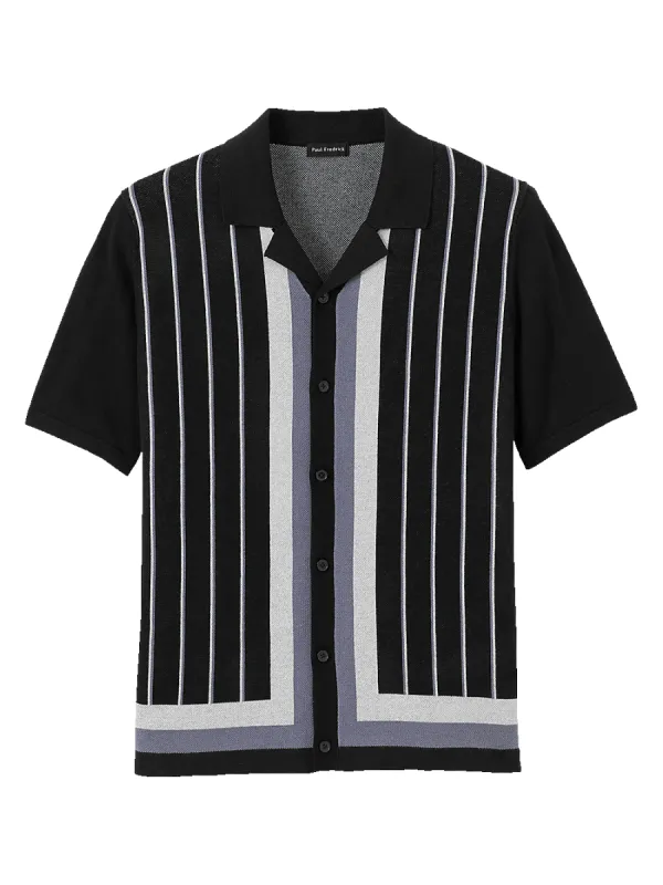 Cotton Button Front Camp Collar Sweater - Black sold by Paul Fredrick