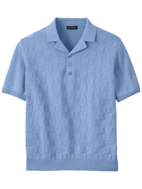 Cotton Three Button Camp Collar Sweater - Blue sold by Paul Fredrick