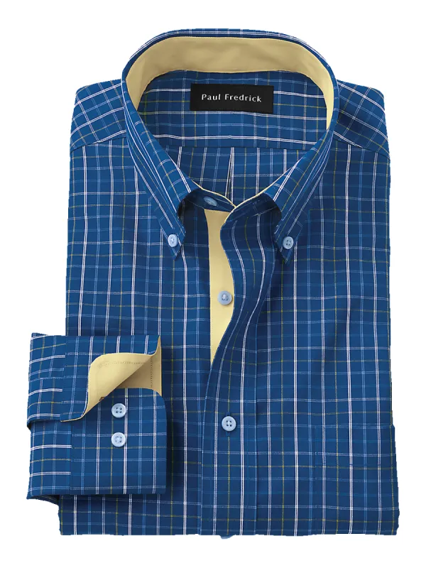 Non-Iron Cotton Tattersall Dress Shirt With Contrast Trim - Cobalt/yellow sold by Paul Fredrick