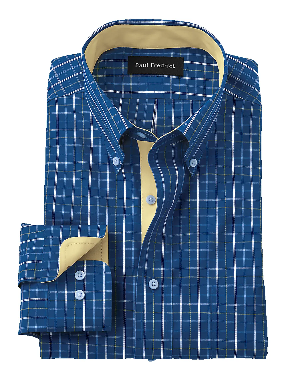 Non-Iron Cotton Tattersall Dress Shirt With Contrast Trim - Cobalt/yellow sold by Paul Fredrick